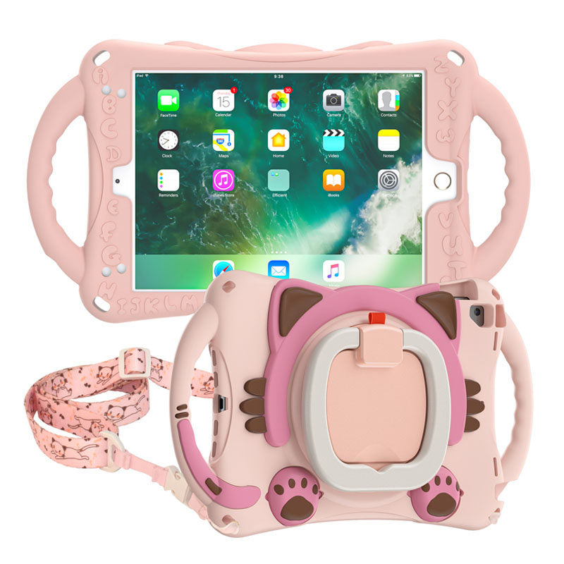 CatB Silicone Case For iPad Pro 9.7 inch Air1/2 Shockproof Shoulder Strap Handle Stand-Pink