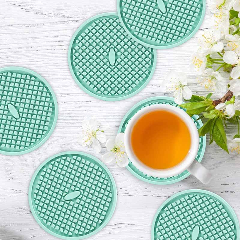 Silicone Drink Coasters Set of 6 in Holder for Drinks Insulation Absorbent Coaster Protect Cup-Mint Green