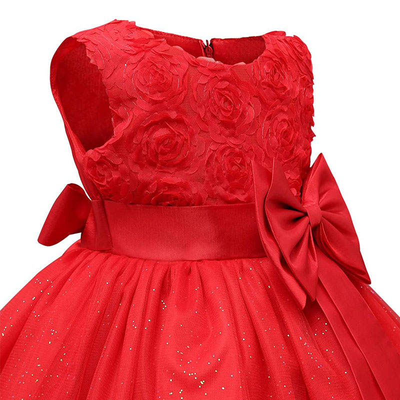 Girl Sleeveless Lace 3D Flower Tutu Holiday Princess Wedding Dresses-Red