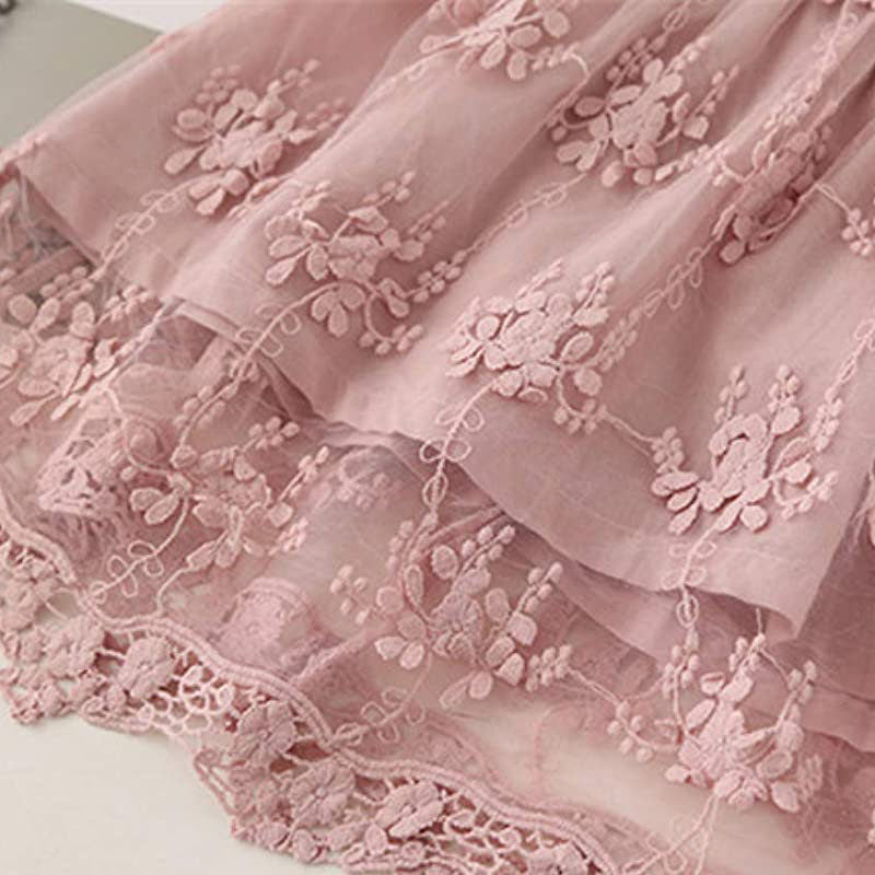 Flower Girls 3/4 Sleeve Dress Girls Lace Princess Party Tulle Summer Vintage Dress-Pink