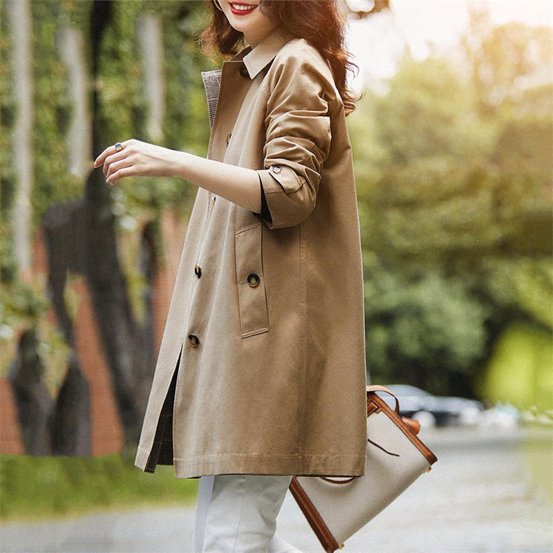 Womens Trench Lapel Single Breasted Mid Long Outwear Winter Coat-NavyBlue