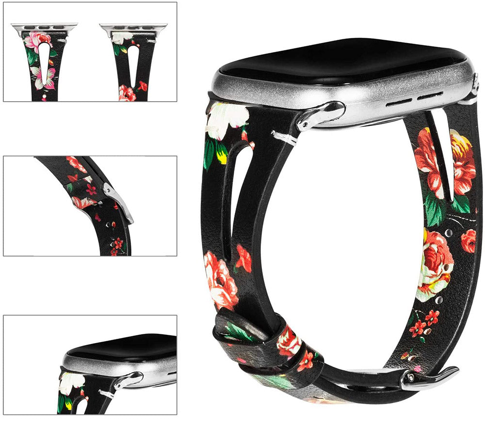 Fashion Triangle Hole Leather Watch Band For Apple Watch SE/6/5/4/3/2/1(Red Flower)