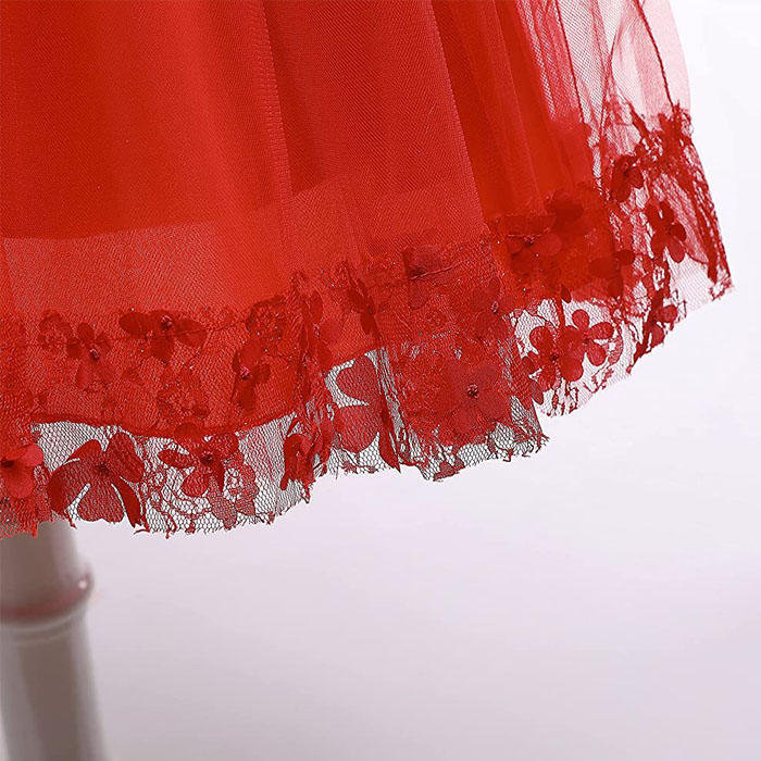 Girls Tulle Lace Flower Princess Wedding Dress For Toddler And Baby Girl-Red