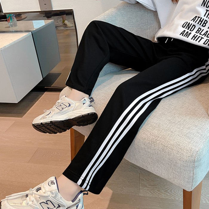 Girls Joggers Long Pants Pockets Outdoor Casual Trousers with Drawstring White Strips-Black