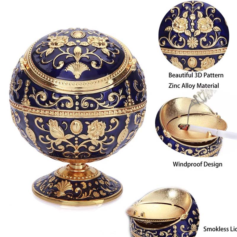 Windproof Ashtray with Lid Metal Portable Cigarettes Ashtray for Outdoors Indoors Hand Stamped Pattern Smoking Ashtray Fancy Gift -Navy Blue