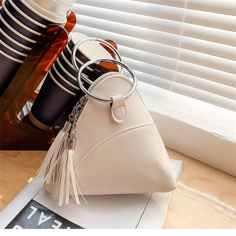 Women Cute Tassel Clutch PU Leather Triangle Bags-White