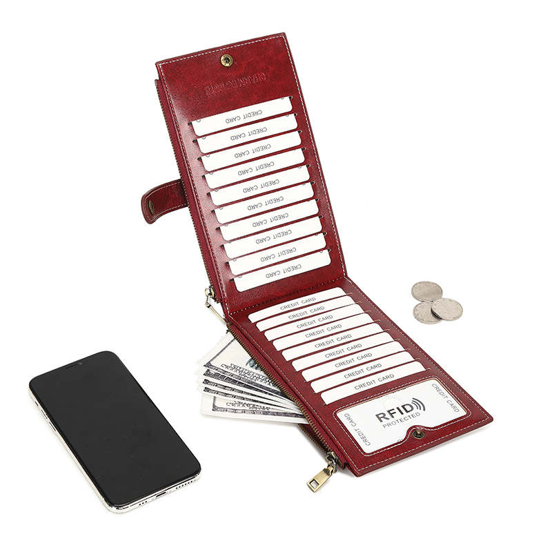 Womens Wallet RFID Blocking Credit Card Holder Large Capacity Bifold Multi Card Case with Zipper Pocket-WineRed
