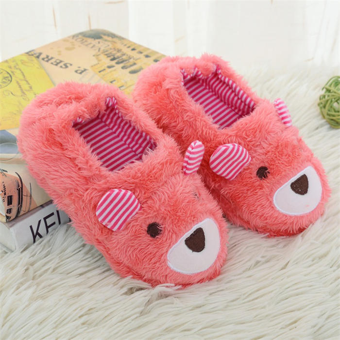 Toddler Boys Girls Slippers Cute Cartoon Bear Plush Warm Home Shoes-Pink