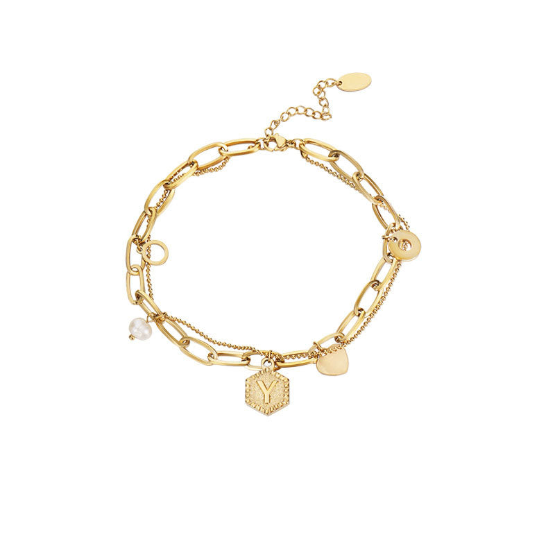 Gold Initial Bracelets for Women Letters Hexagon Pendant Chain-Y