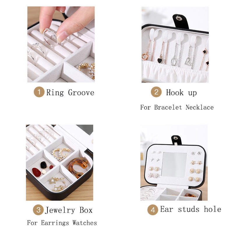Small Jewelry Box Necklace Ring Double Layer Storage Bag Travel Organizer with Mirror -Black