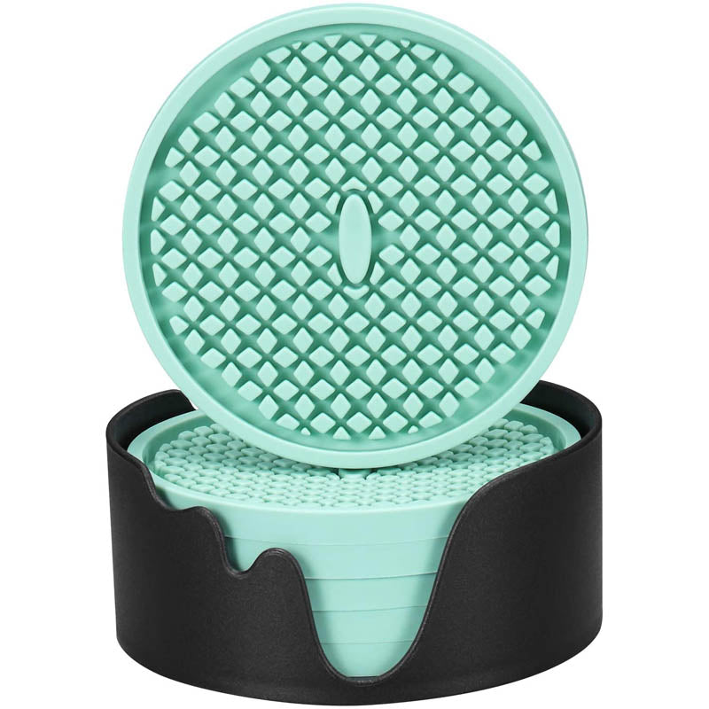 Silicone Drink Coasters Set of 6 in Holder for Drinks Insulation Absorbent Coaster Protect Cup-Mint Green