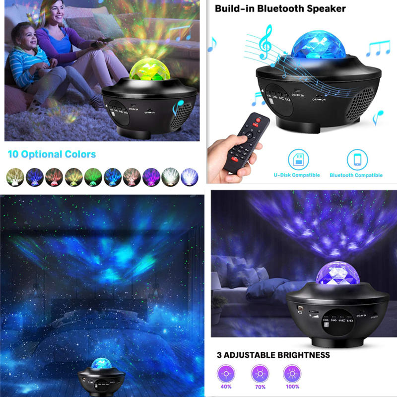 3 in 1 Galaxy Projector with LED Nebula Cloud/Moving Ocean Wave Night Light for Kid Baby, Built-in Music Speaker Voice Control
