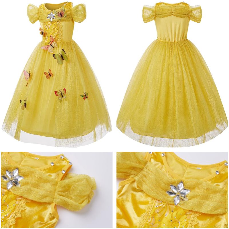 Girls Princess Dress with Accessories Butterflies Tulle Party Gown-Yellow
