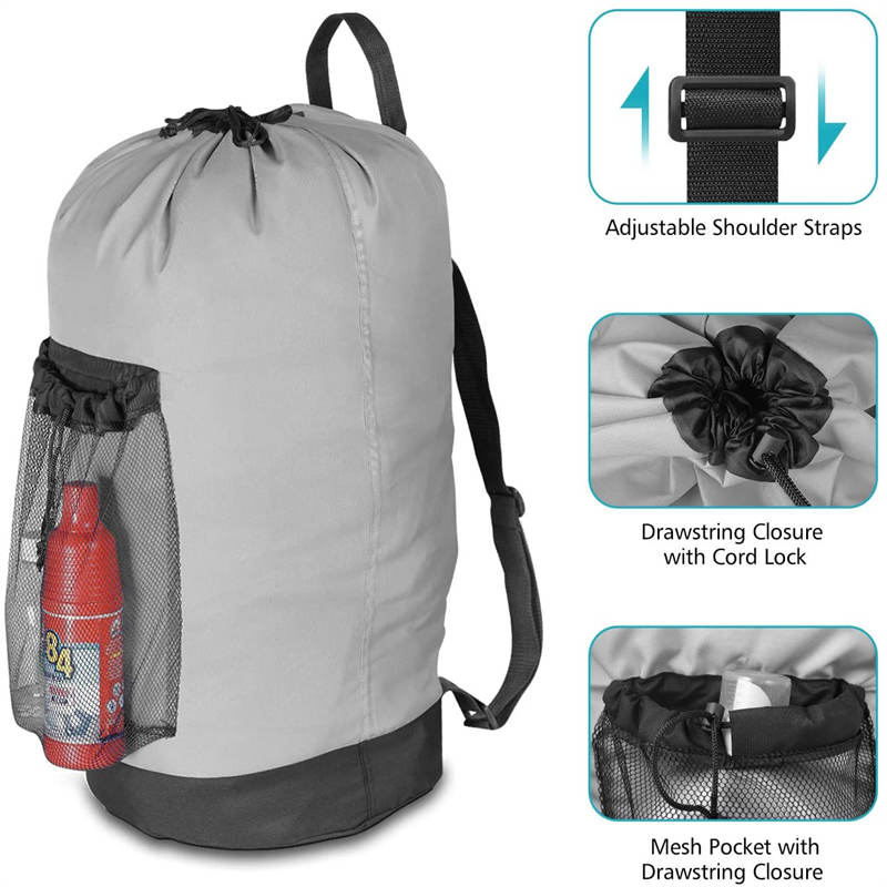 Backpack Laundry Bag With Shoulder Straps And Mesh Pocket Durable Nylon Clothes Bag for College Travel Laundromat -Gray