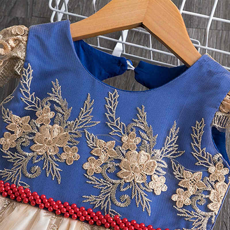 Girl Flower Lace Printed Cotton Elegant Tulle Bow Belt Princess Dress-Red