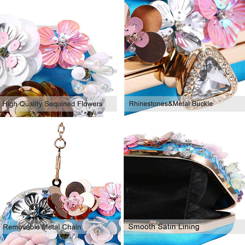 Colorful Floral Clutch Evening Bags for Women Beaded Purse Prom Handbag-Blue