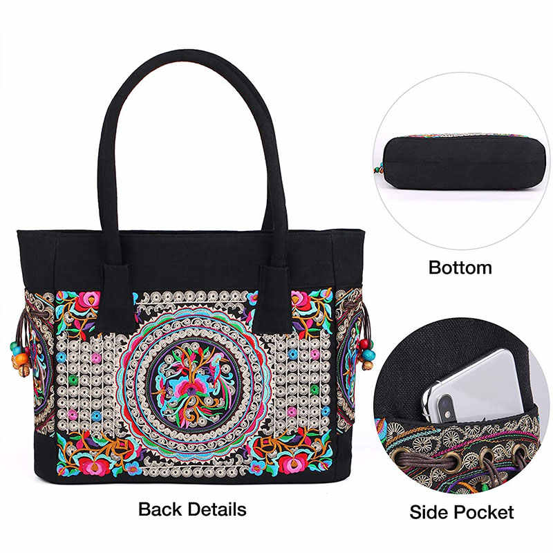 Embroidered Canvas Top Handle Handbag Ladies Casual Vintage Shoulder Bag-A