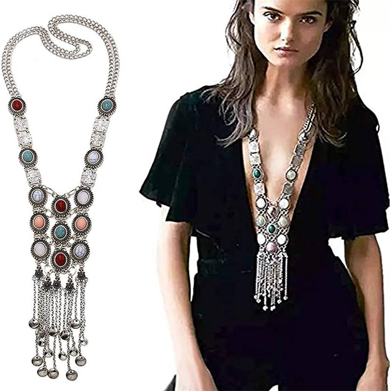 Turquoise Rhinestone Long Tassel Necklace for Women Silver