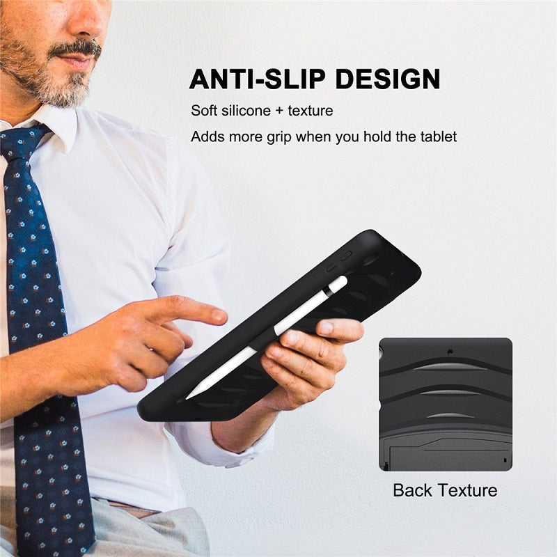 Shock Wave Kickstand Case Anti-Fall Protection With Pencil Holder+Cap For New iPad 7 10.2inch(2019)-Black