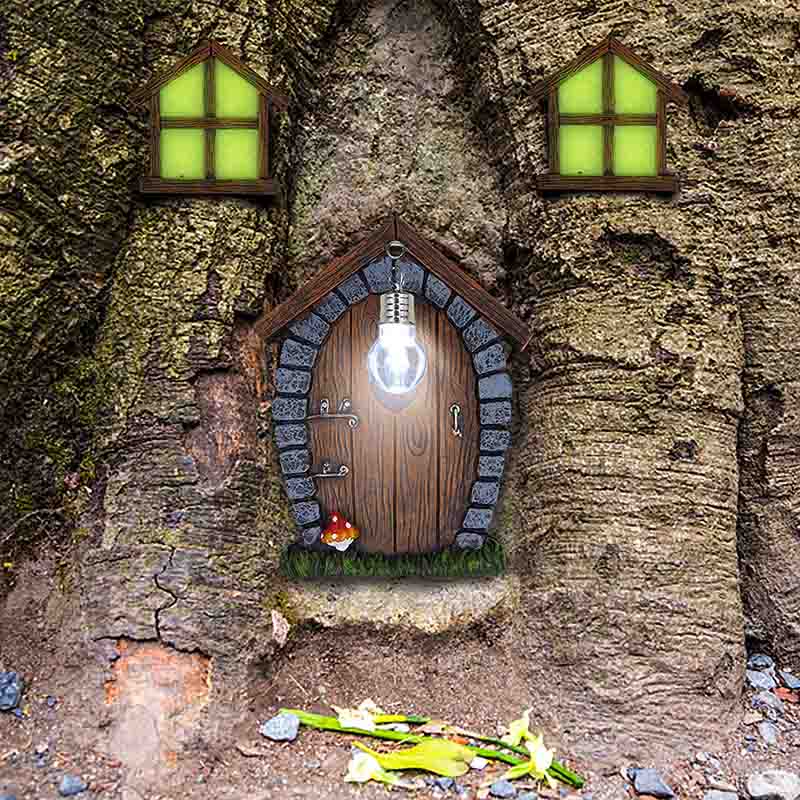 Gnome Home Miniature Window and Door with Litter lamp for Trees Decoration Glow in Dark Fairies Sleeping Door and Windows