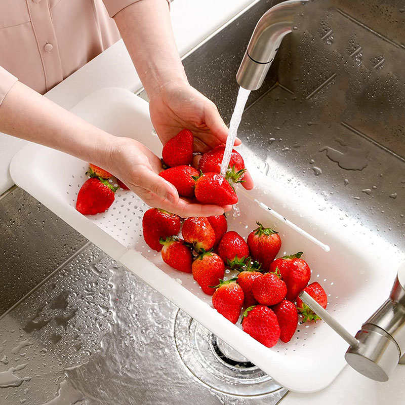Sink Retractable Strainer Basket for Washing Vegetable Drying Dish-White