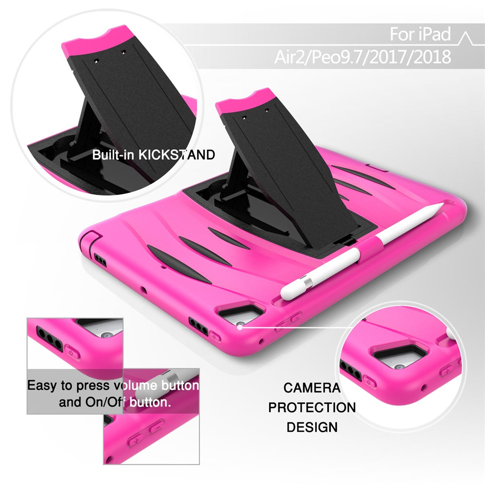 Shock Wave Kickstand Case Anti-Fall Protection With Pencil Holder For 9.7inch iPad 5/iPad 6/iPad Air2/iPad Pro9.7-Rose Red