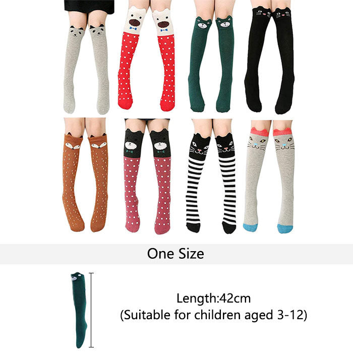 8 Pcs Cartoon Animal Girls Knee High Socks Cotton Mid Calf Long Boot Socks