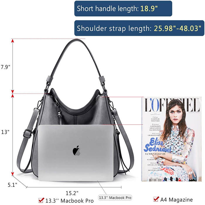 Handbags for Women Large Designer Ladies Hobo bag Bucket Purse Faux Leather-Grey