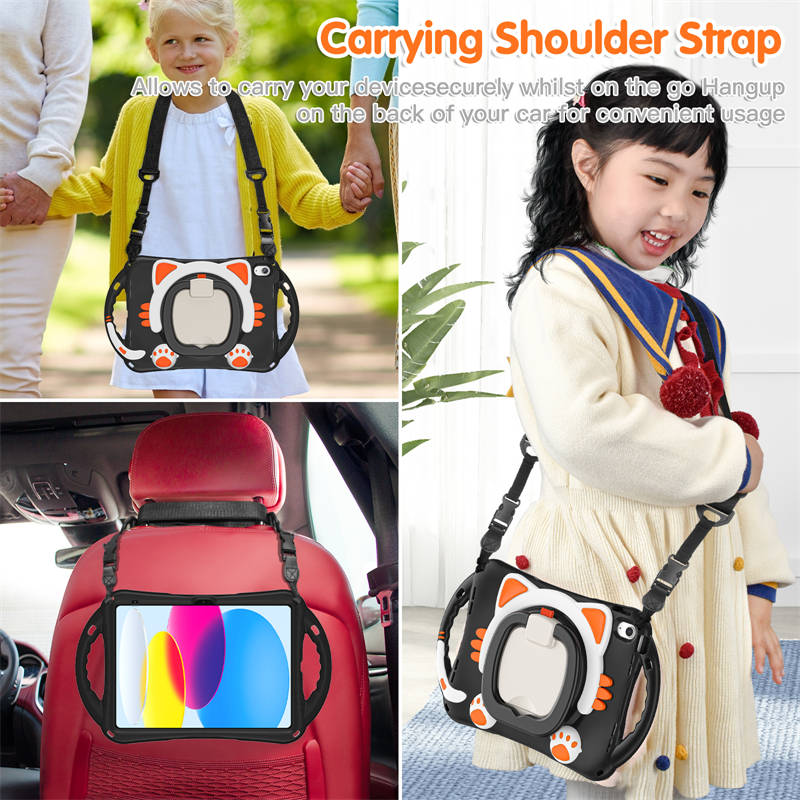 Cat Tablet Case For iPad 10th Kids Friendly with Handle Stand-BlackOrange