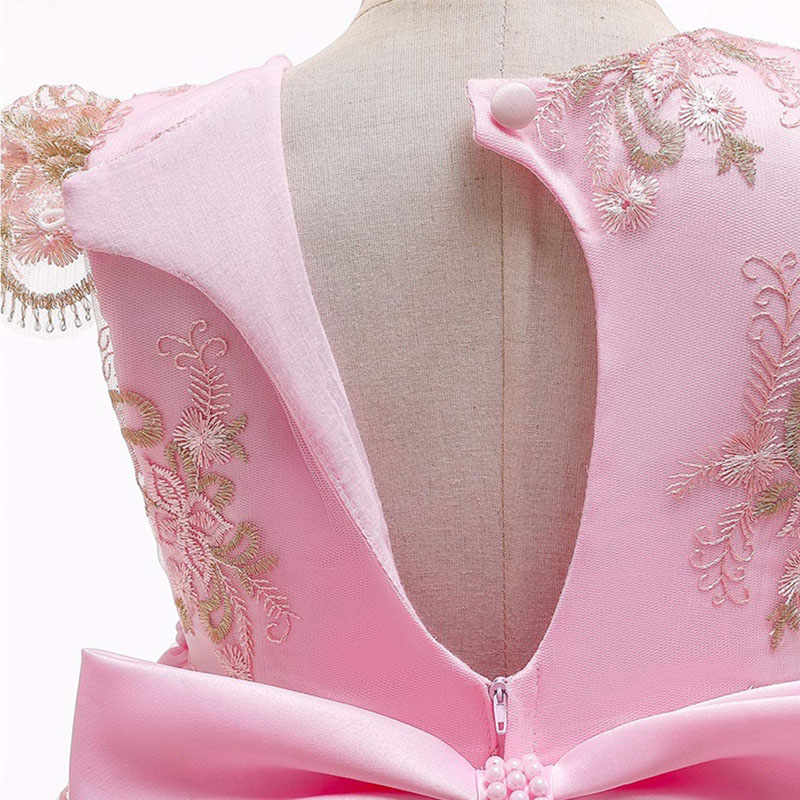 Girl Flower Lace Printed Cotton Elegant Tulle Bow Belt Princess Dress-16Pink