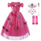 Girls Princess Dress with Accessories Butterflies Tulle Party Gown-Pink