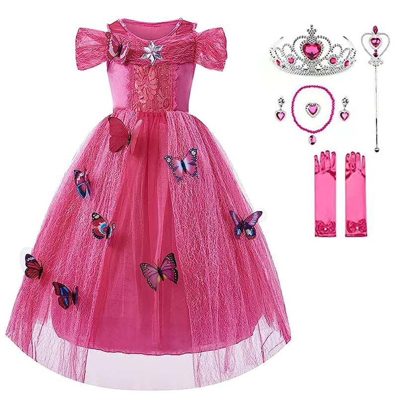 Girls Princess Dress with Accessories Butterflies Tulle Party Gown-Pink