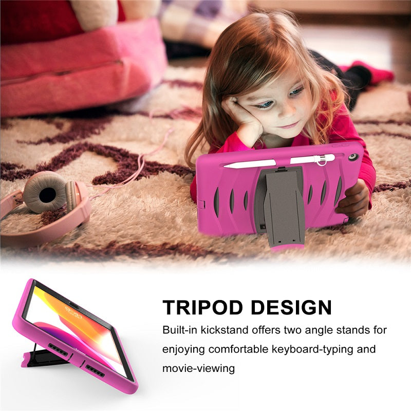 Shock Wave Kickstand Case Anti-Fall Protection With Pencil Holder+Cap For New iPad 7 10.2inch(2019)-Rose Red