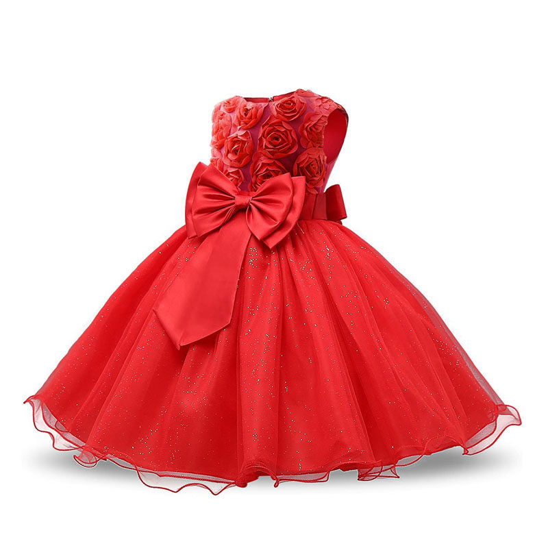 Girl Sleeveless Lace 3D Flower Tutu Holiday Princess Wedding Dresses-Red