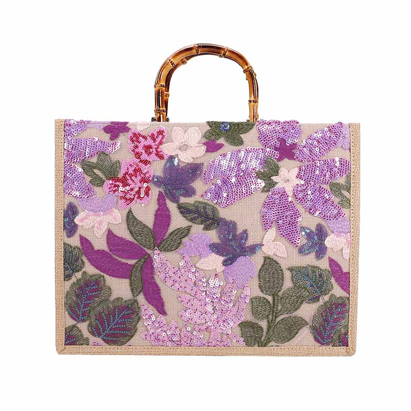 Handbag Bamboo Tote Sequin Straw Woven Bag for Womens-Purple