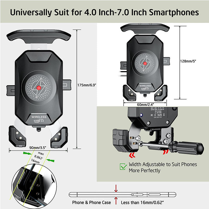 Anti-Theft Motorcycle Wireless Phone Mount Charger Works with 12V/24V Vehicle-Rearview Mirror