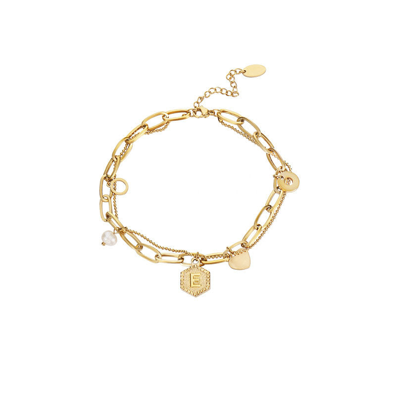 Gold Initial Bracelets for Women Letters Hexagon Pendant Chain-E