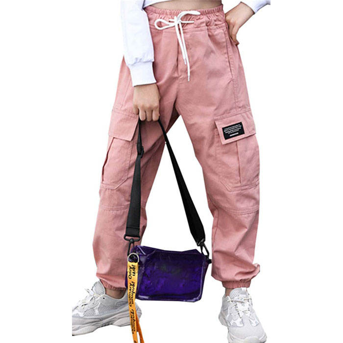 Girls Joggers Long Pants Pockets Outdoor Casual Trousers with Drawstring Multicolor-Pink