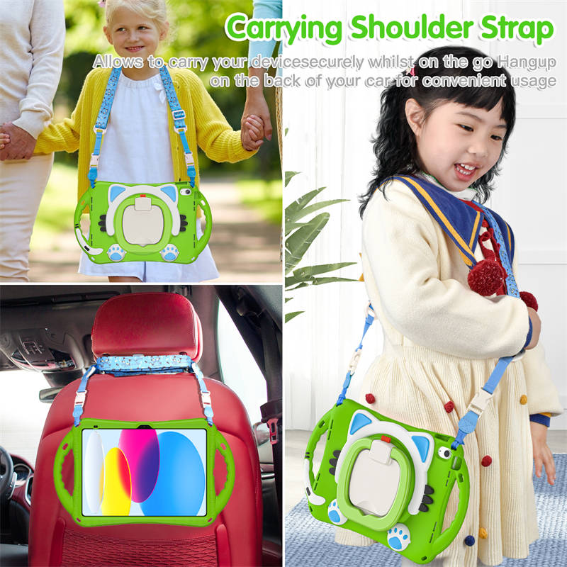 Cat Tablet Case For iPad 10th Kids Friendly with Handle Stand-Green
