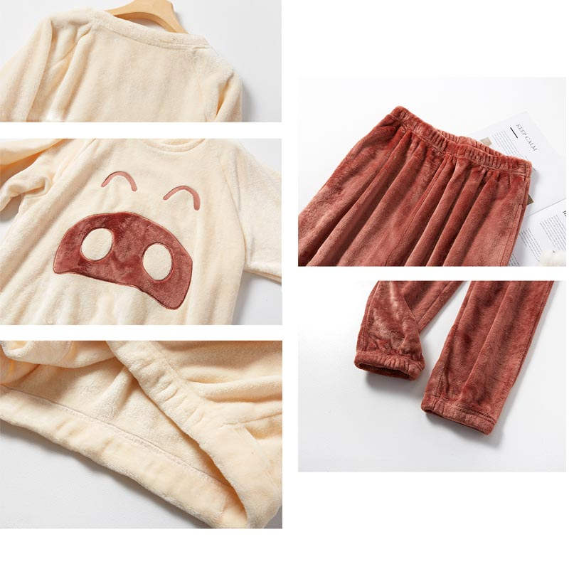Cartoon Crewneck Pullover Pajamas Set-Beige