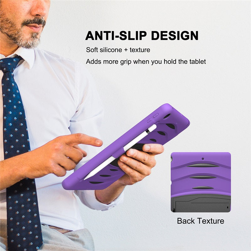 Shock Wave Kickstand Case Anti-Fall Protection With Pencil Holder+Cap For New iPad 7 10.2inch(2019)-Purple