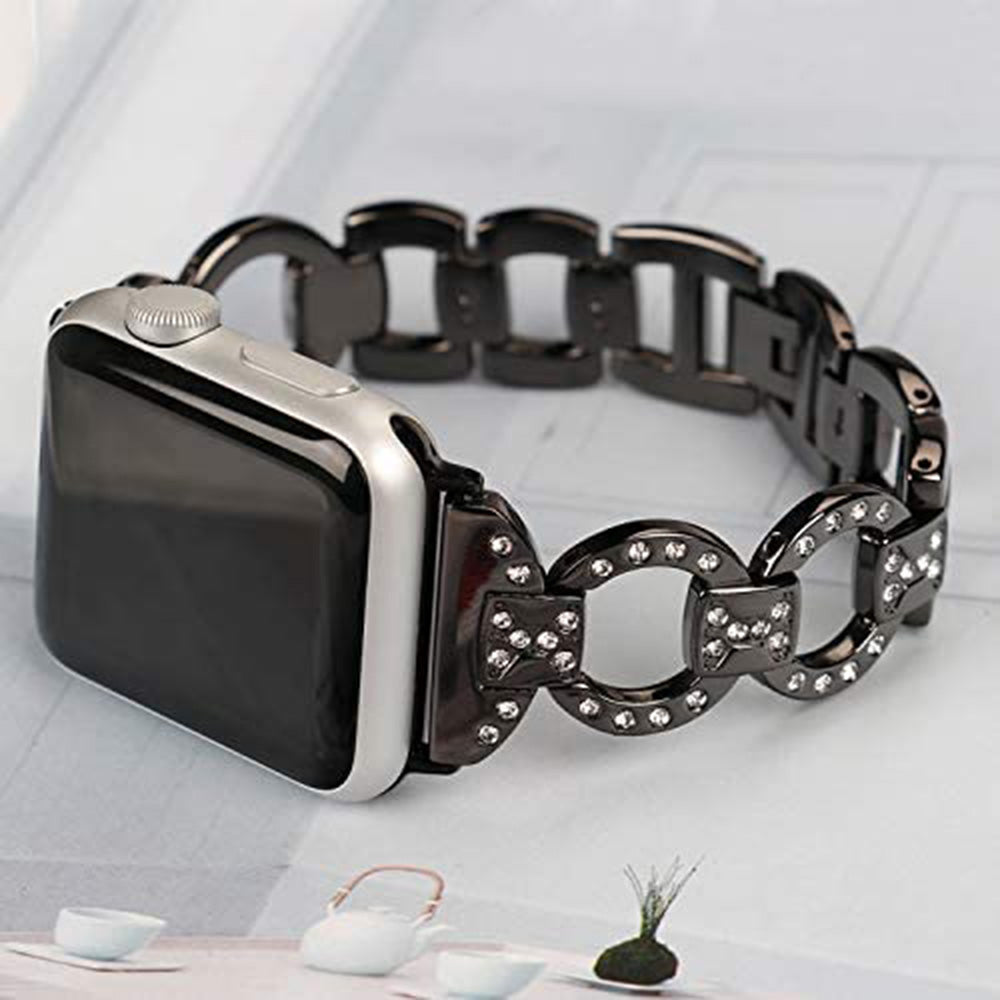 Adjustable Metal Watch Band With Diamonds For Apple Watch SE/6/5/4/3/2/1(Black)