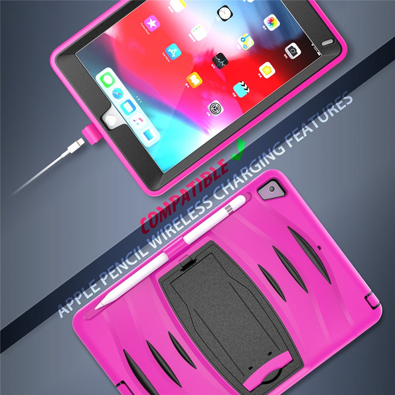 Shock Wave Kickstand Case Anti-Fall Protection With Pencil Holder For 9.7inch iPad 5/iPad 6/iPad Air2/iPad Pro9.7-Rose Red