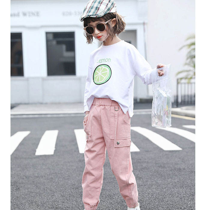 Girls Joggers Long Pants Pockets Outdoor Casual Trousers Iron Ring-Pink