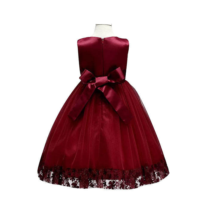 Girls Tulle Lace Flower Princess Wedding Dress For Toddler And Baby Girl-Maroon