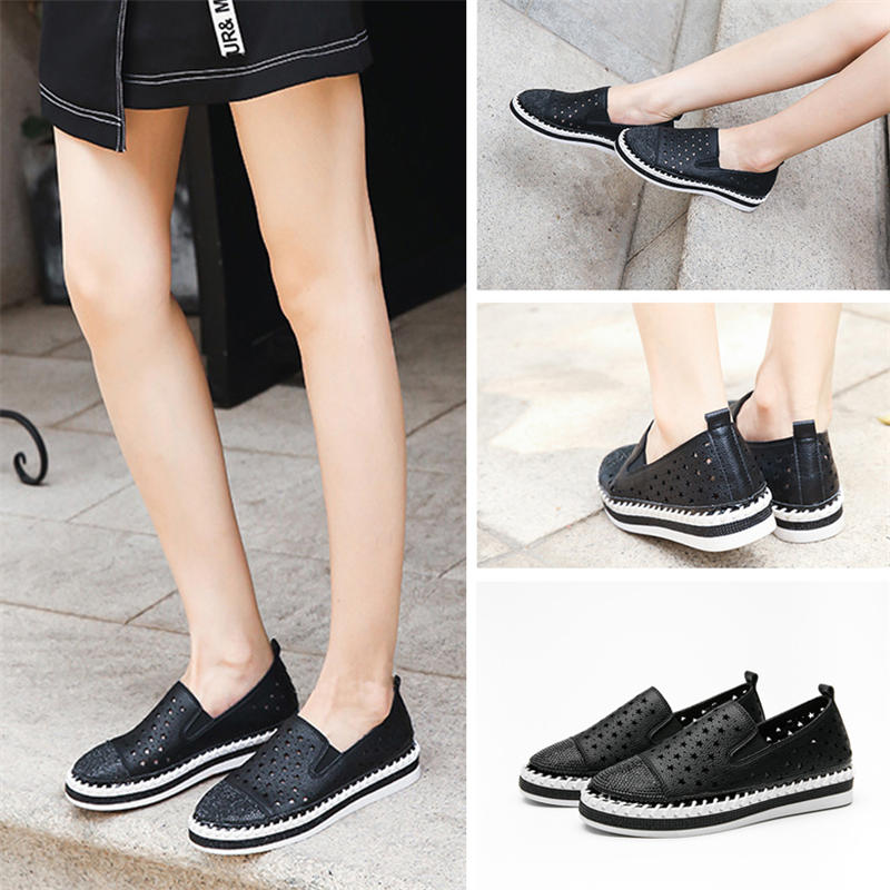 Womens Cutout Loafer with Diamond Flat Slip on Sneakers-Black