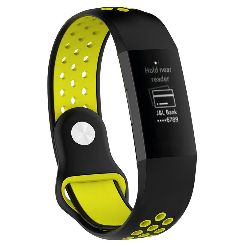 Double Color Porous Breathable Watch Band Silicone Wristband For Fitbit Charge 3 Sport Smartwatch -Black Yellow