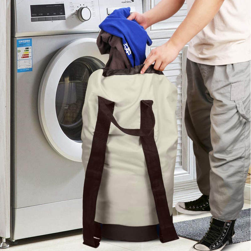 Backpack Laundry Bag With Shoulder Straps And Mesh Pocket Durable Nylon Clothes Bag for College Travel Laundromat -Khaki