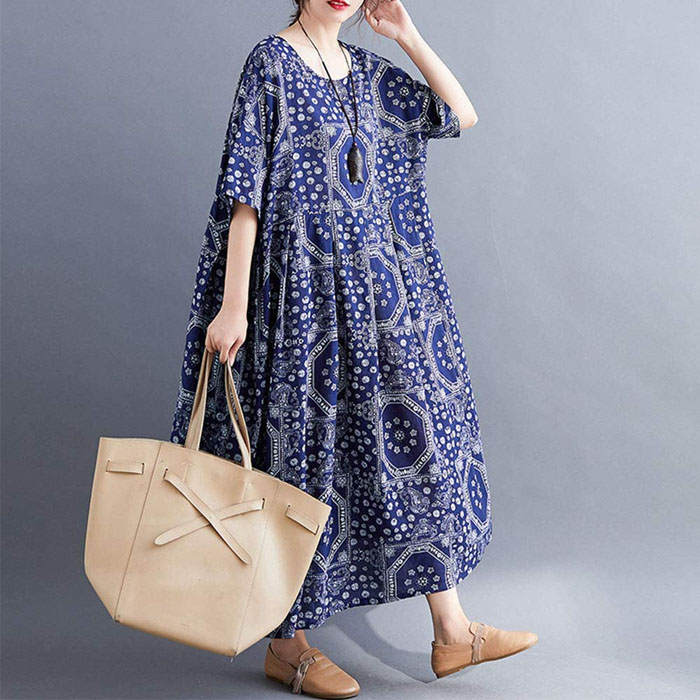 Casual Cotton Dress Women Linen Print Spliced Round Neck Literature And Art Maxi Dress