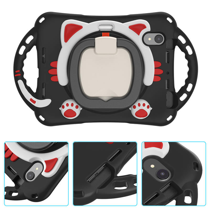 CatB Silicone Case For iPad Mini 6 Shockproof Shoulder Strap Handle Stand-Black Red